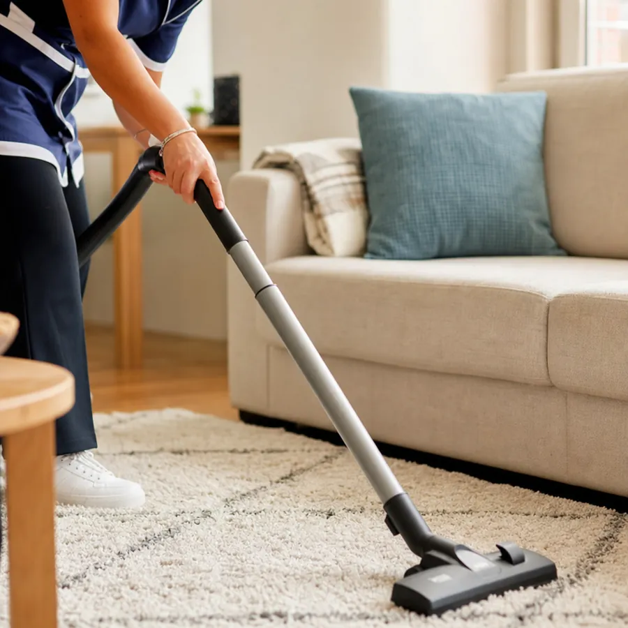 Aide-ménager(e) Maison'Net passant l'aspirateur avec soin